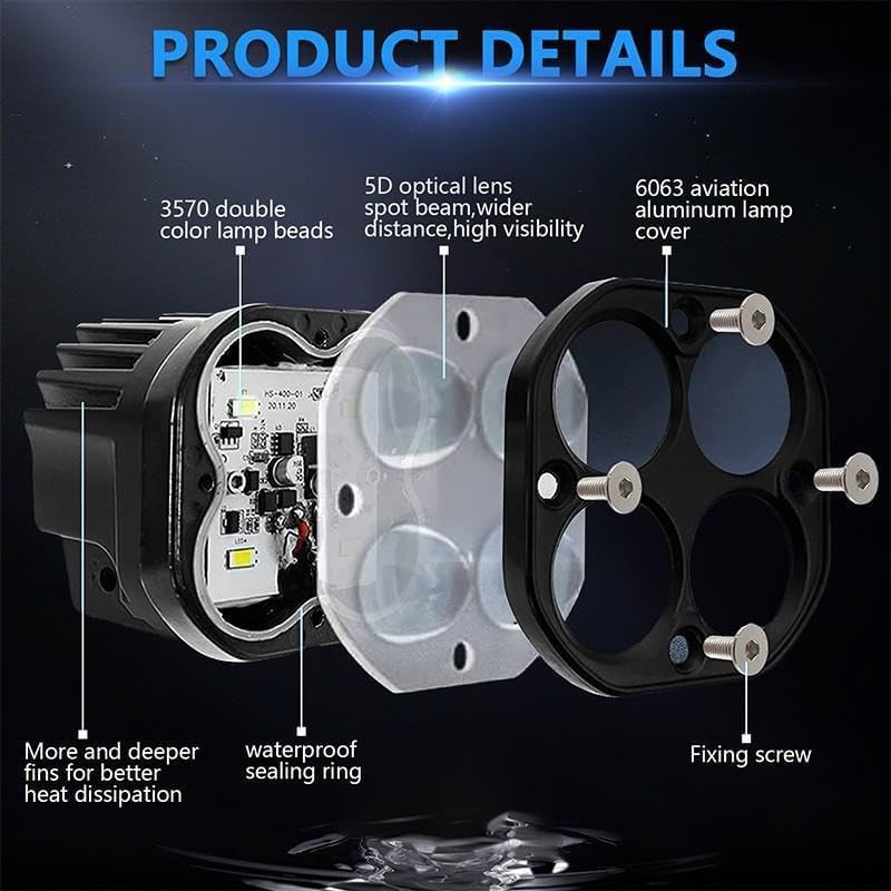 80W Yellow-White Super Bright LED fog light for Bike/Car and SUV, 4 LED DRIVING LAMP with low/high beam (Pack of 2 Pcs. With Clamp)