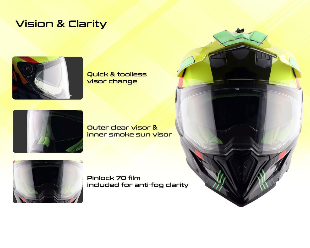 Off-Road Full Face Helmet with Pinlock Fitted Dual Visors and Stylish Peak-Black Neon Yellow-L