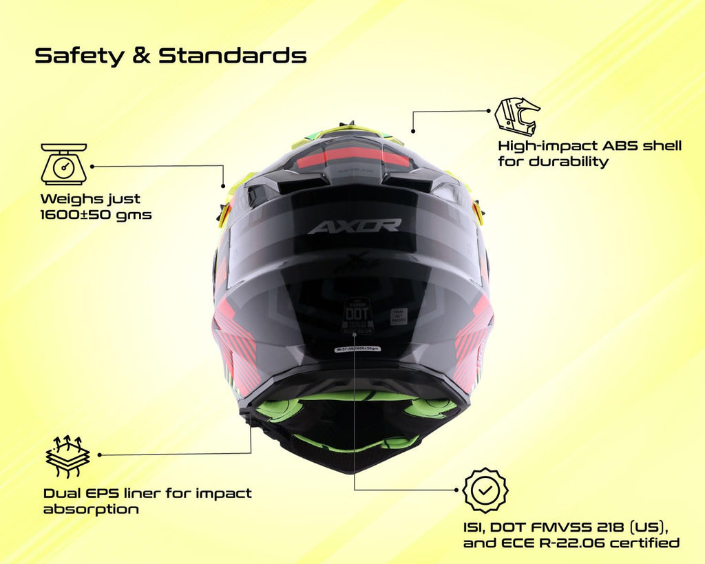 Off-Road Full Face Helmet with Pinlock Fitted Dual Visors and Stylish Peak-Black Neon Yellow-L
