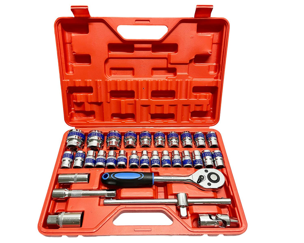 trust Heavy 32Pc 1/2 Inch Ratchet Socket set Wrench Spanner Tool Set, CR-V Combinational Goti Set with Carry Box for Car, Bike & Automobile Repair