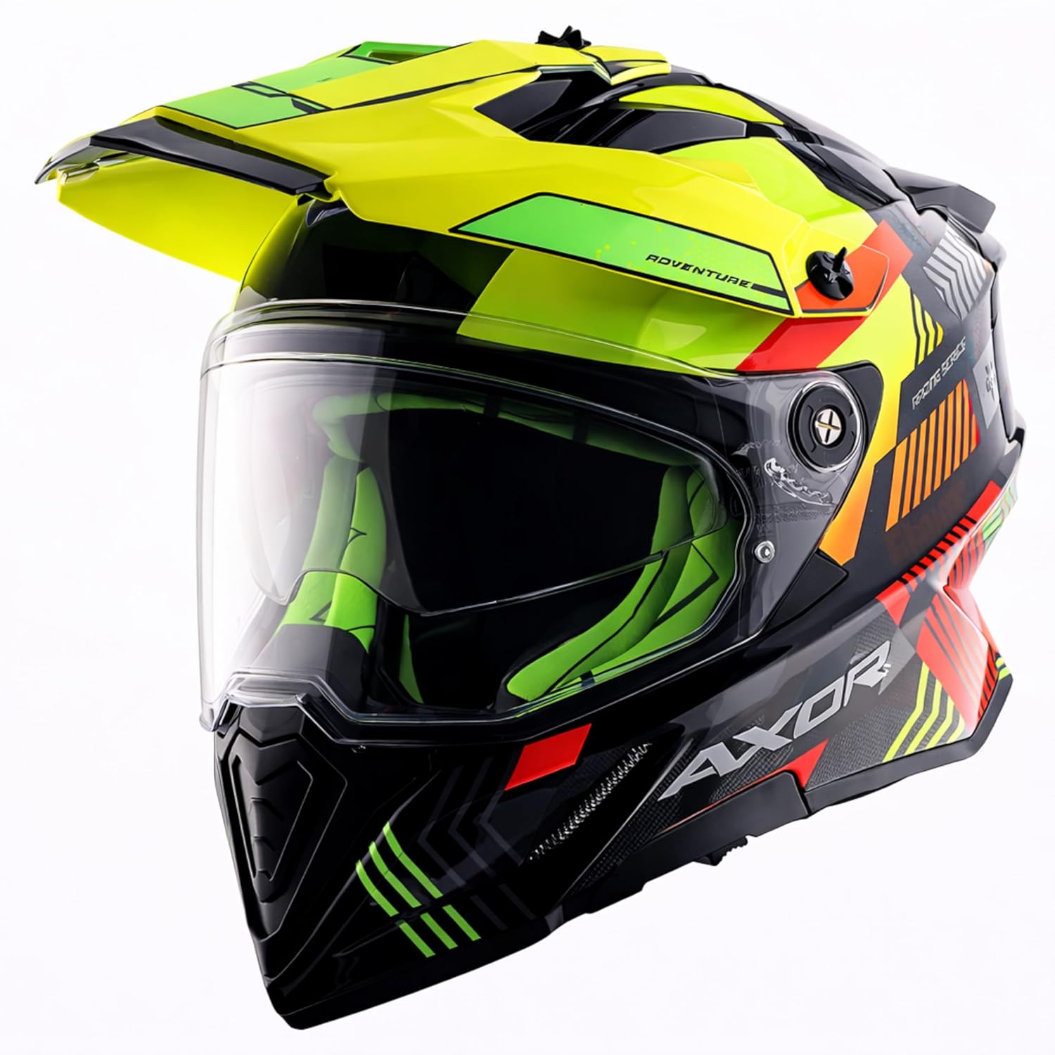 Off-Road Full Face Helmet with Pinlock Fitted Dual Visors and Stylish Peak-Black Neon Yellow-L